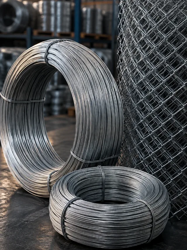 Rollos de alambre galvanizado junto a un rollo de malla eslabonada en bodega