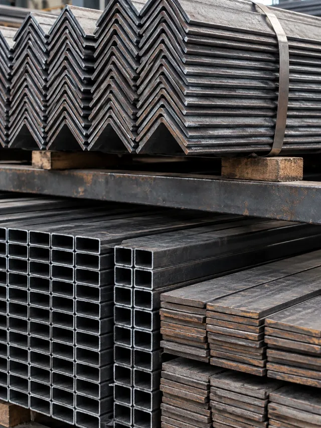 Atados de ángulos de acero, tubería rectangular y platinas apilados en bodega
