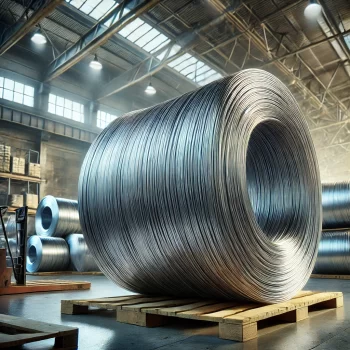 Rollo de alambre de acero galvanizado brillante almacenado en una bodega industrial, listo para su uso en aplicaciones como cercas y construcciones.